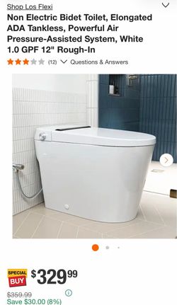 Shop Los Flexi Non Electric Bidet Toilet, Elongated ADA Tankless, Powerful Air Pressure-Assisted System, White 1.0 GPF 12" Rough-In