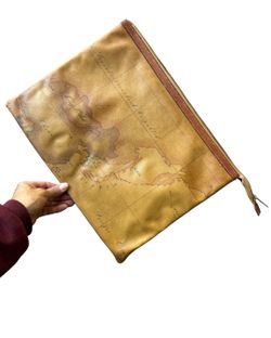 Alviero Martini Map Print Bag Brown Tan with Zipper Stitching