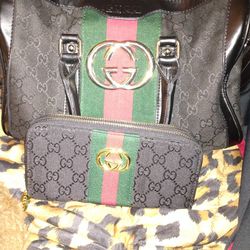 Gucci Canvas And Leather Trimmed Handbag & Matching Wallet