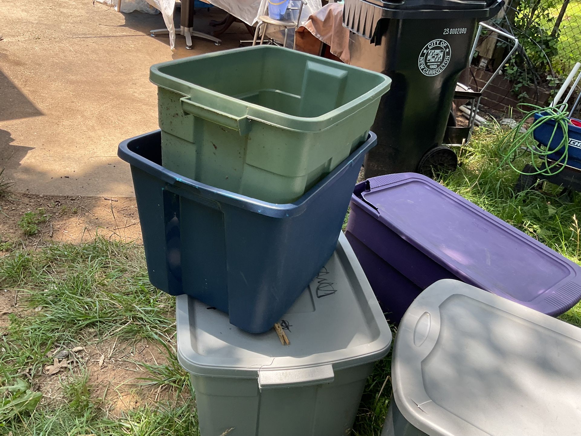 A Few Large Storage Bins, A Big One (38” Long X 18” Deep) 2 With The Covers Damage At The Corner, 2 With Out Tops ( NO SHIPPING)