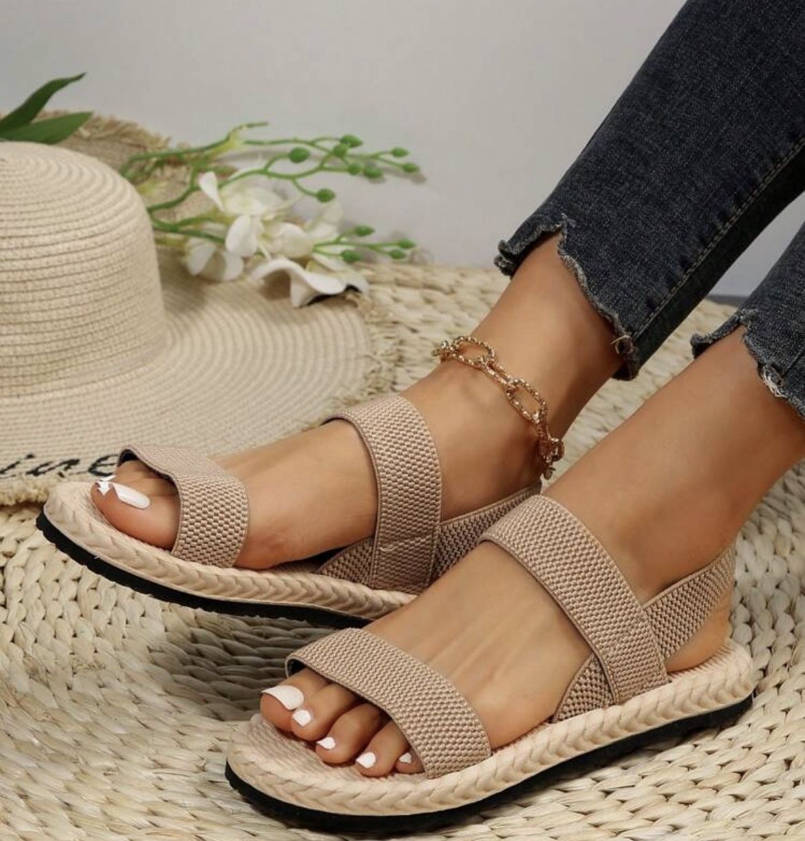 6.5 Women Elastic Ankle Strap Flat Sandals, Solid Black Open Toe Non-Slip Slingback Shoes, Casual Lightweight Summer Beach Slippers
