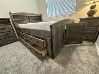 Rustic Solid Wood Storage Bed Set - Captain Bed, Bookshelf Headboard, Dresser & Nightstand