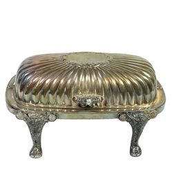 Vintage FB Rogers 357 Silverplate Roll Top Butter Dish Lion Head Paw Feet