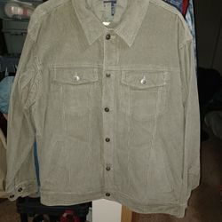 DULUTH TRADING, GREEN CORDUROY JEAN JACKET W/ ZIP OUT LINING