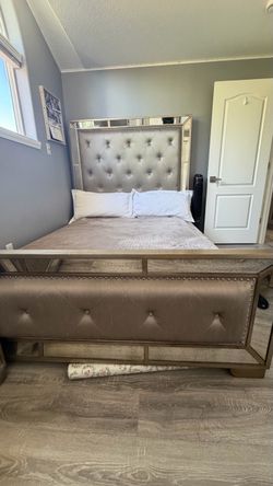 Glam Metallic Silver & Mirrored Queen Bed Frame + Matching Nightstand
