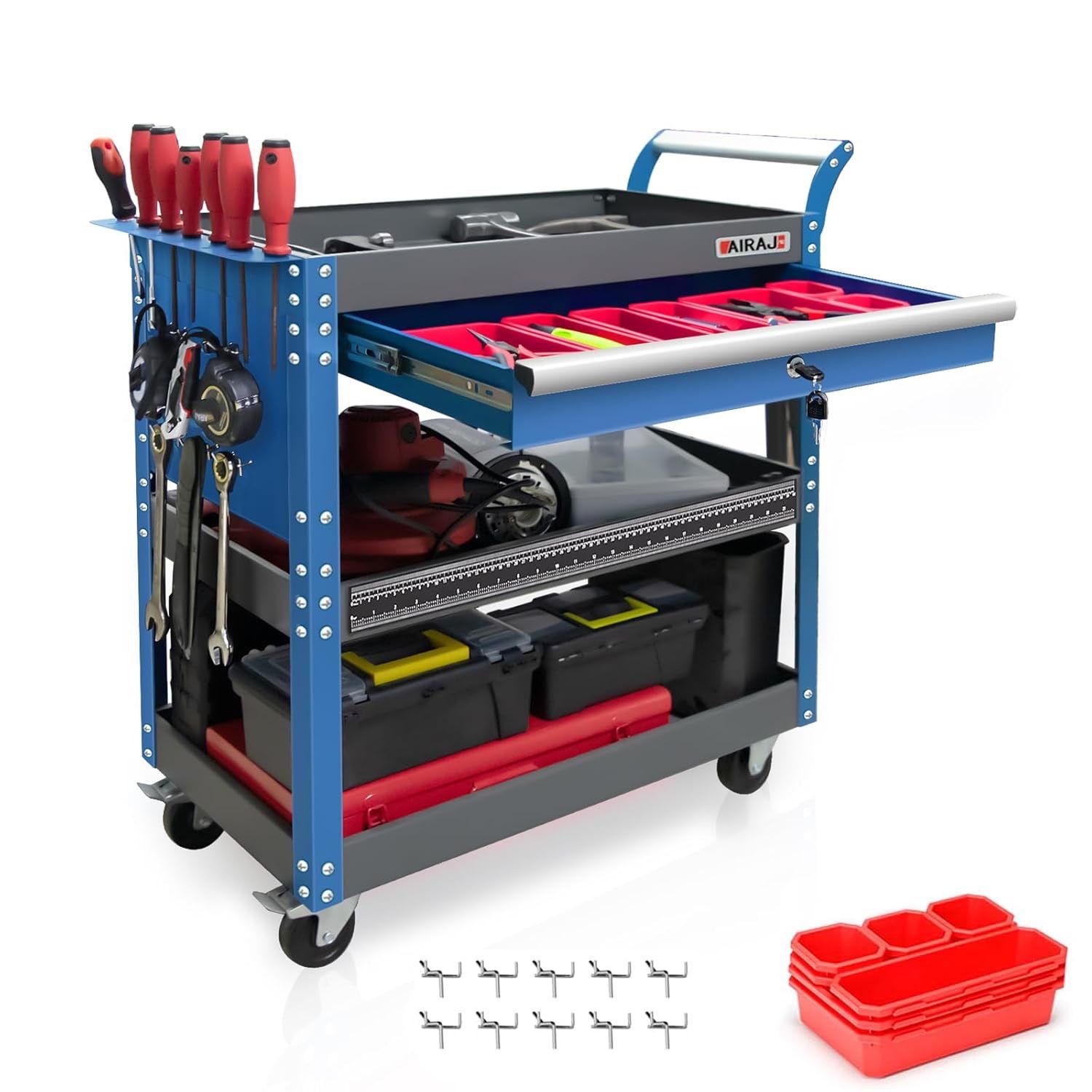 Heavy Duty Tool Cart on Wheels,440LBS Mechanic Tool Cart with Drawers,Utility Industrial Service Carts with Hooks,Drawers and Locking System,for Mecha