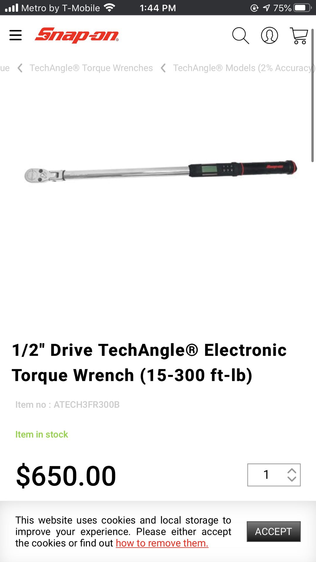 Snap on 1/2 electronic torque wrench