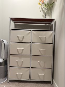 Tall White Fabric Dresser Shelves with 8 Drawers, Storage Tower with Fabric Bins