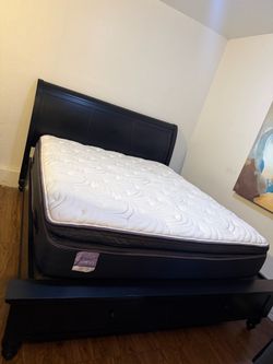 California King Size Sleepy's Pillow Top Mattress with Black Sleigh Bed Frame