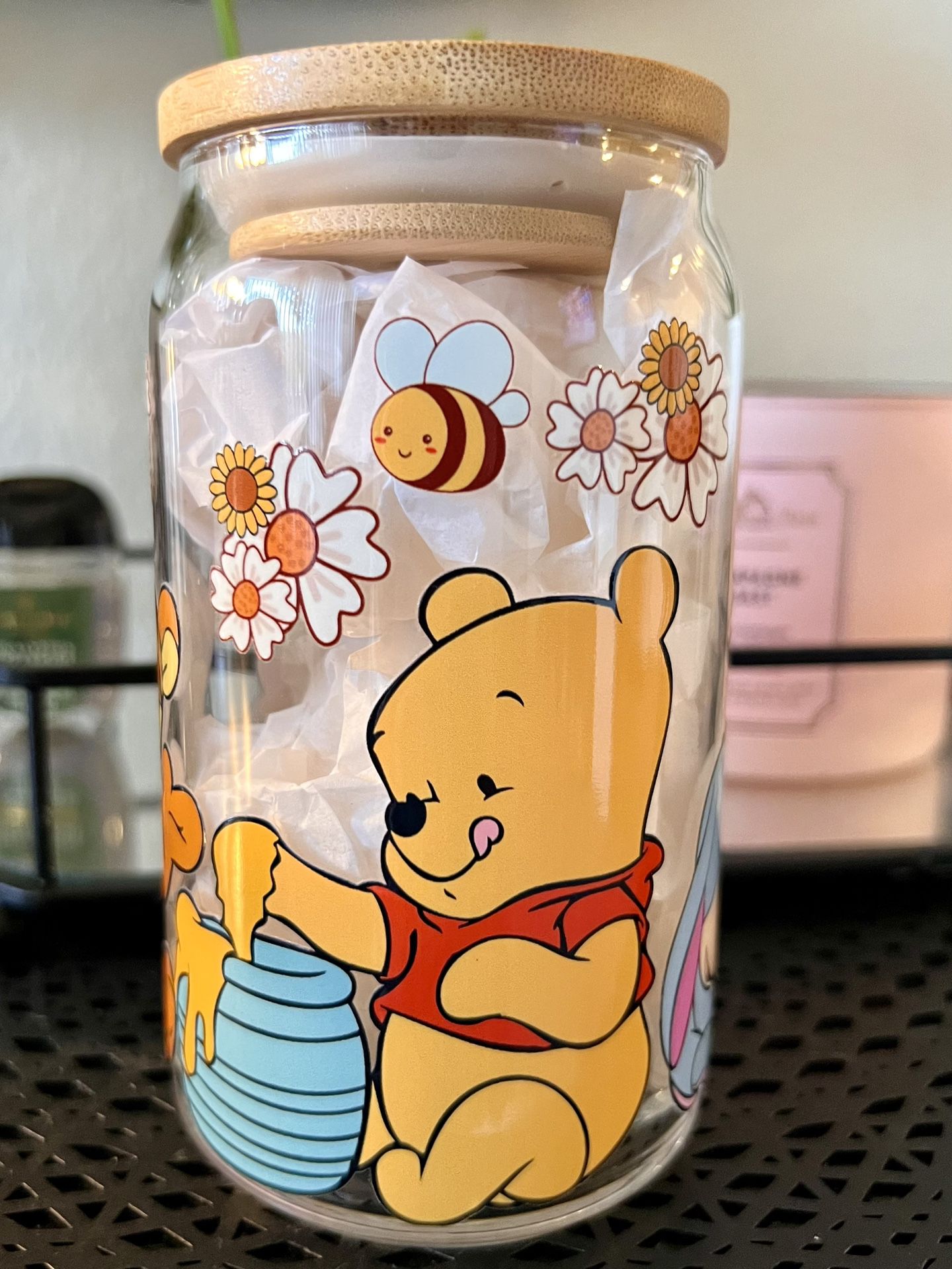 Disney Pooh Bear Glass Libbey Cup With Glass Straw 