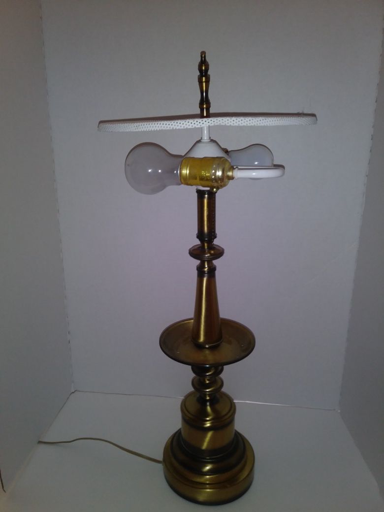 Antique Tall Brass Table Lamp w/ Shade (Dual Arm Bulb Socket)