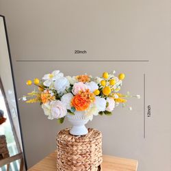  Floral Arrangement in White and Yellow, Faux Flower Centerpiece, Farmhouse Table Decoration, Year-Round Home Decor