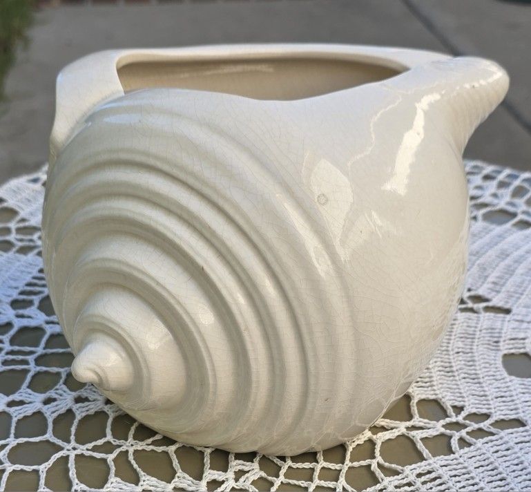 Large Ivory White Ceramic Conch Shell Planter Vase