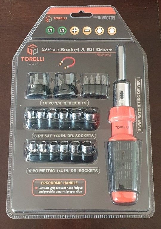 New! Torelli Tools 29 Piece Socket & Bit Driver