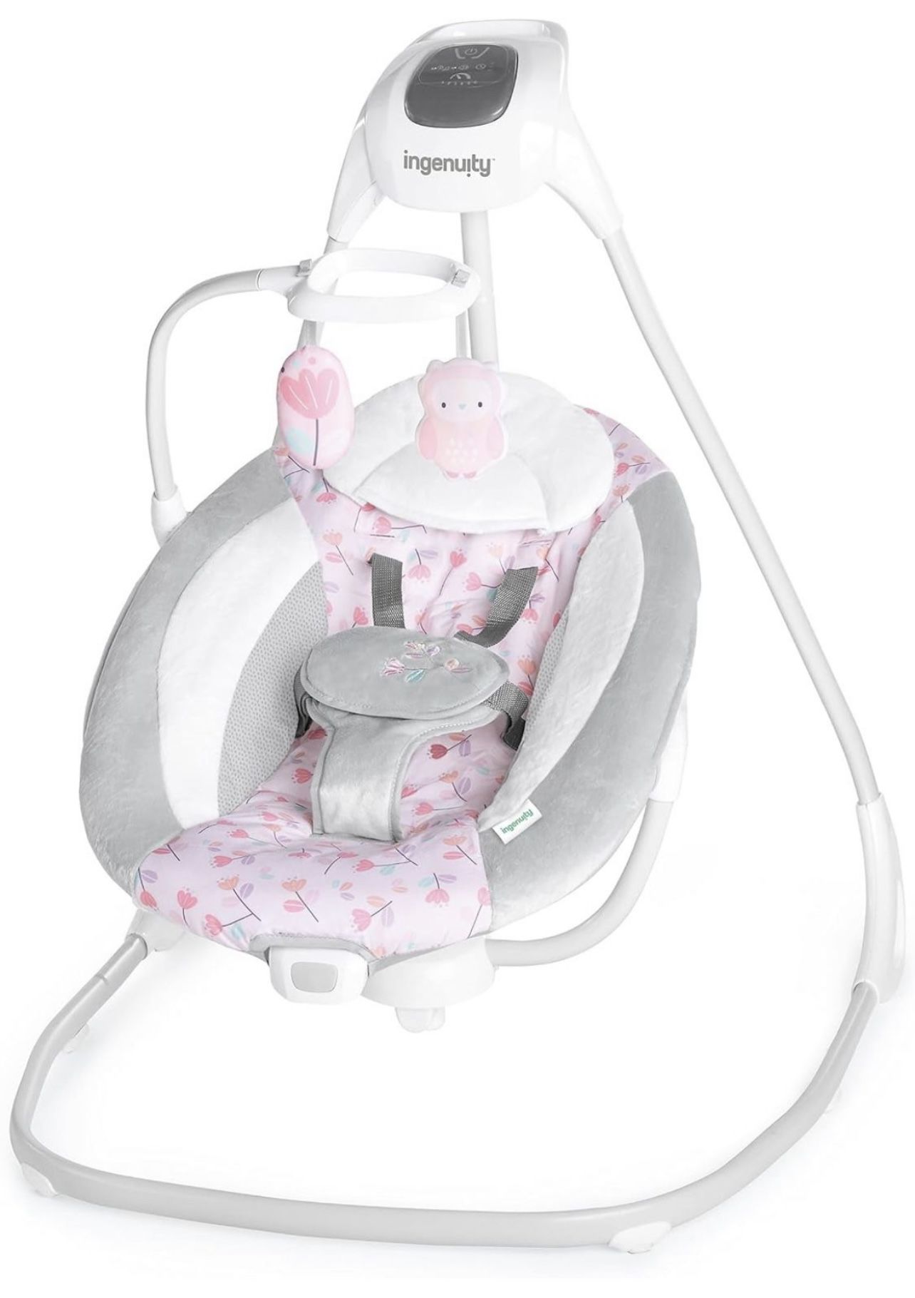 Ingenuity SimpleComfort Lightweight Compact 6-Speed Multi-Direction Baby Swing, Vibrations & Nature Sounds, 0-9 Months 6-20 lbs (Pink Cassidy)