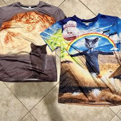 2x Funny All-Over Print Graphic Cat Feline Tees