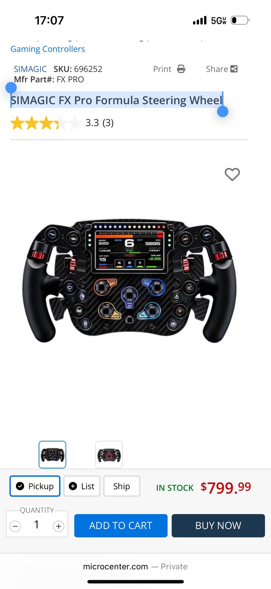 SIMAGIC FX Pro Formula Steering Wheel Like New