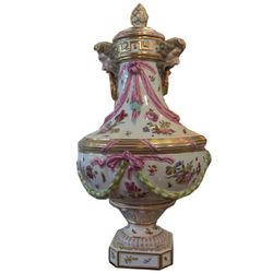 Pair of KPM Berlin Porcelain Vases: 19th Century, Pink, Green & Gold Accents 