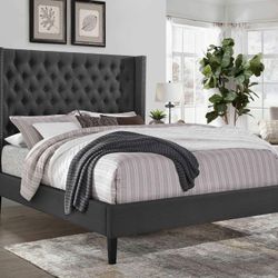 DARK GRAY WINGBACK TUFTED-FRAME-CAMA MATRIMONIAL