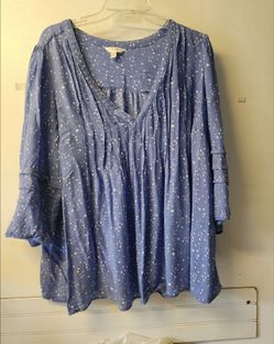 Blue Spotted Boho Blouse with Bell Sleeves