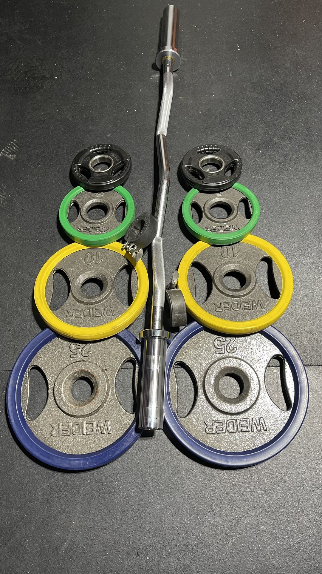 OLYMPIC CURLBAR AND WEIGHTS