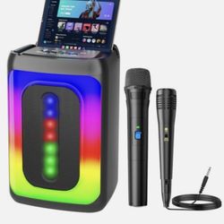 Karaoke Machine with 2 Microphones, Portable Bluetooth Speaker with LED Lights, TF/USB, Gift for Friends and Family(Black)  Multifunctional karaoke ma