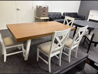 😍 Brand New Modern Two-Tone Wood & White Dining Set with Table, Chairs & Bench | 5-Piece Dining Room Set | Pickup/Delivery 🚚