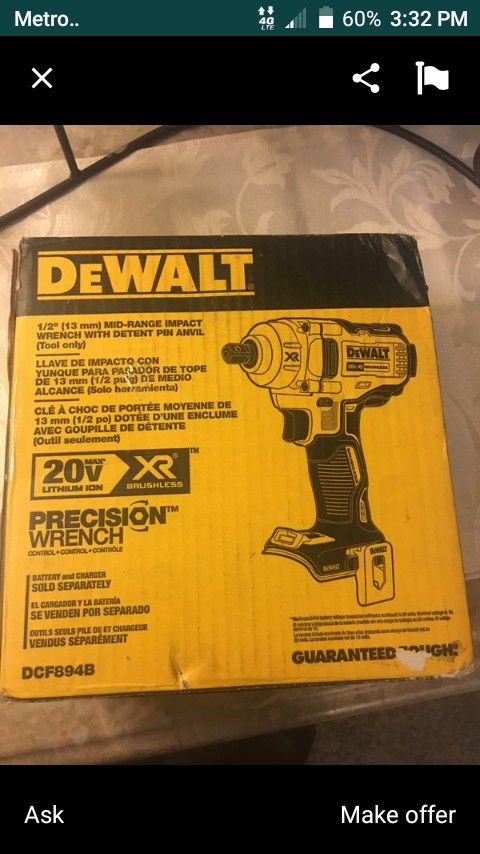 DEWALT DCF894B 20V MAX XR BRUSHLESS MID TORQUE 1/2" IMPACT NEW NUEVO EN CAJA TOOL ONLY NO BATERIA NO CARGADOR 🚥🚨🚥🚦🚦🚦