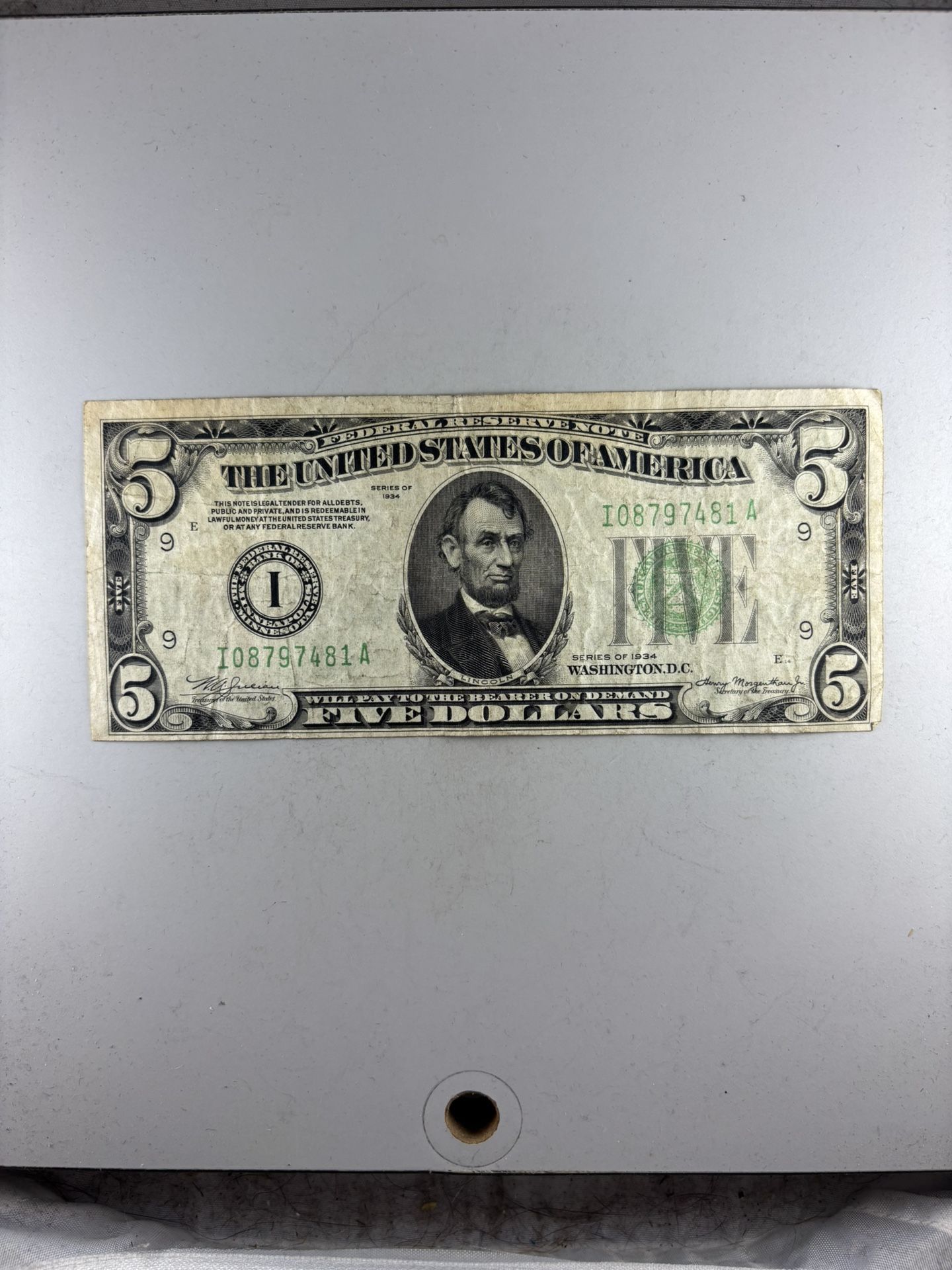 1934 $5 Minn. Federal Reserve Note -- GREAT VINTAGE CURRENCY!