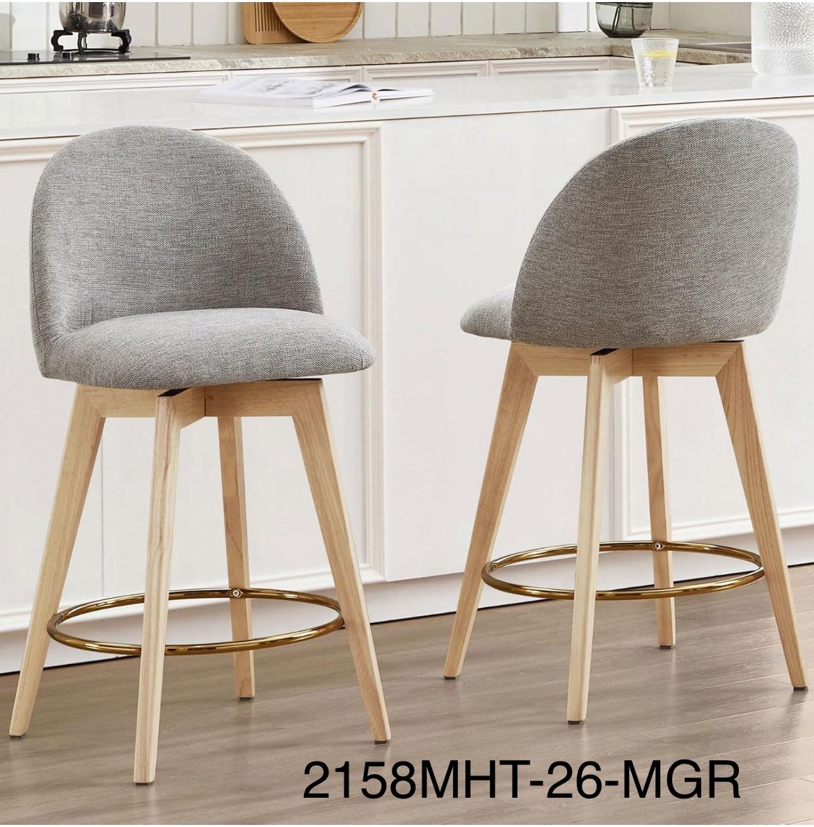 Swivel Farmhouse Bar Stools Set of 2, Wooden Counter Height Stools with Back, 26" Upholstered Linen Fabric High Chairs for Island Kitchen, Modern Bars