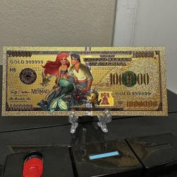 24k Gold Plated Ariel and Prince Eric from Little Mermaid Disney Banknote  