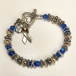 Sterling 925 Silver Beaded Bracelet With Cancer Ribbon Charms 7.75”
