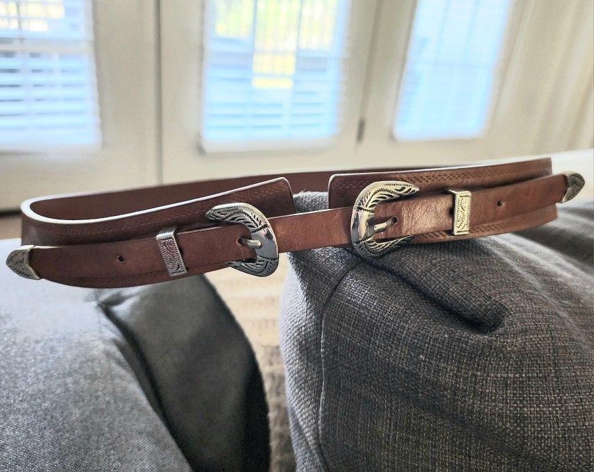 Western Inspired Brown Belt with Silver Buckle (M/L)