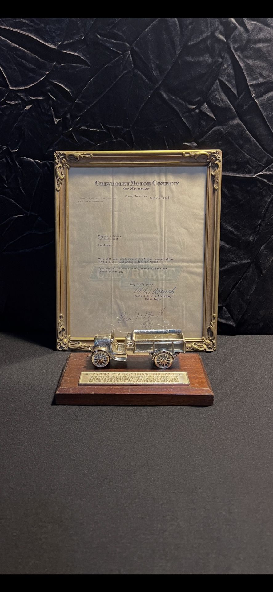 1918  Framed Original Chevrolet Motor Company, Historical Document Letter &  Chevrolet’s first truck 1918 model-1962’s truck Demonstration Award