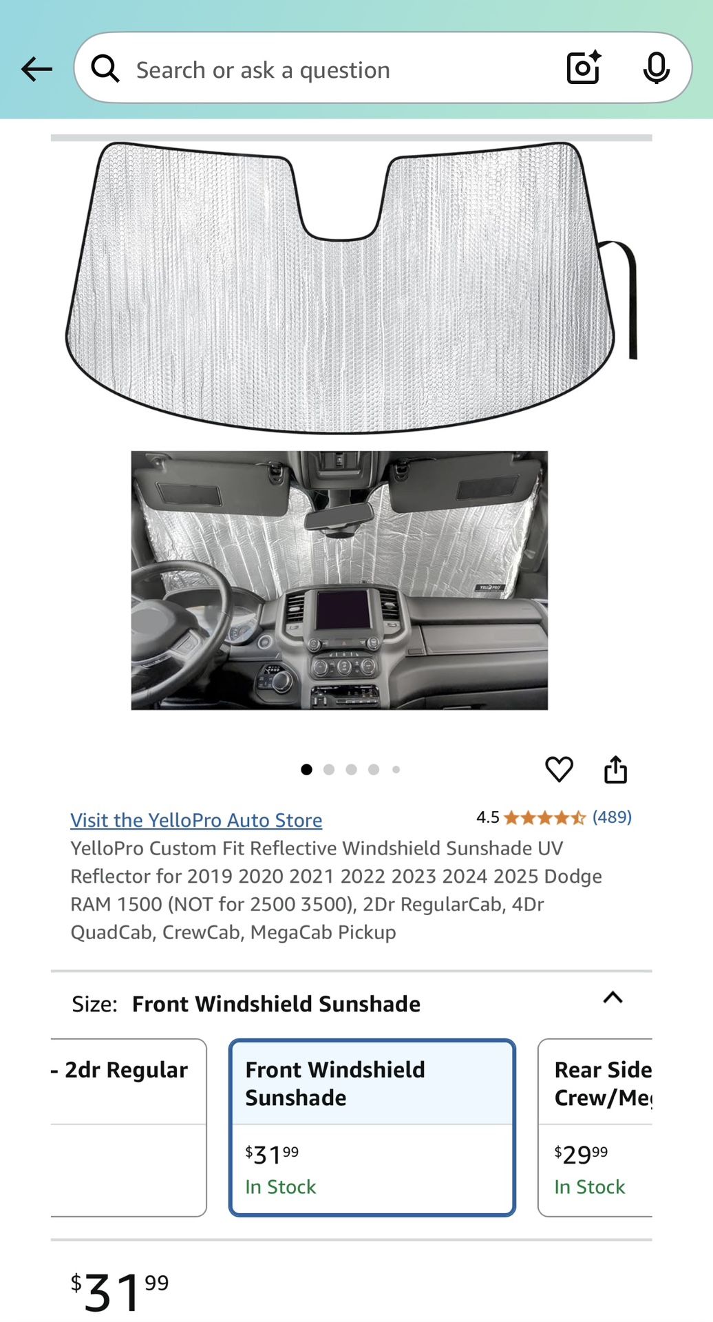 Reflective Windshield Sunshade UV Reflector for Dodge RAM 1500 (2019 - 2025)