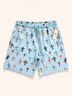 Saints Studio Men’s Cross Pattern Basketball Shorts – Light Blue/White