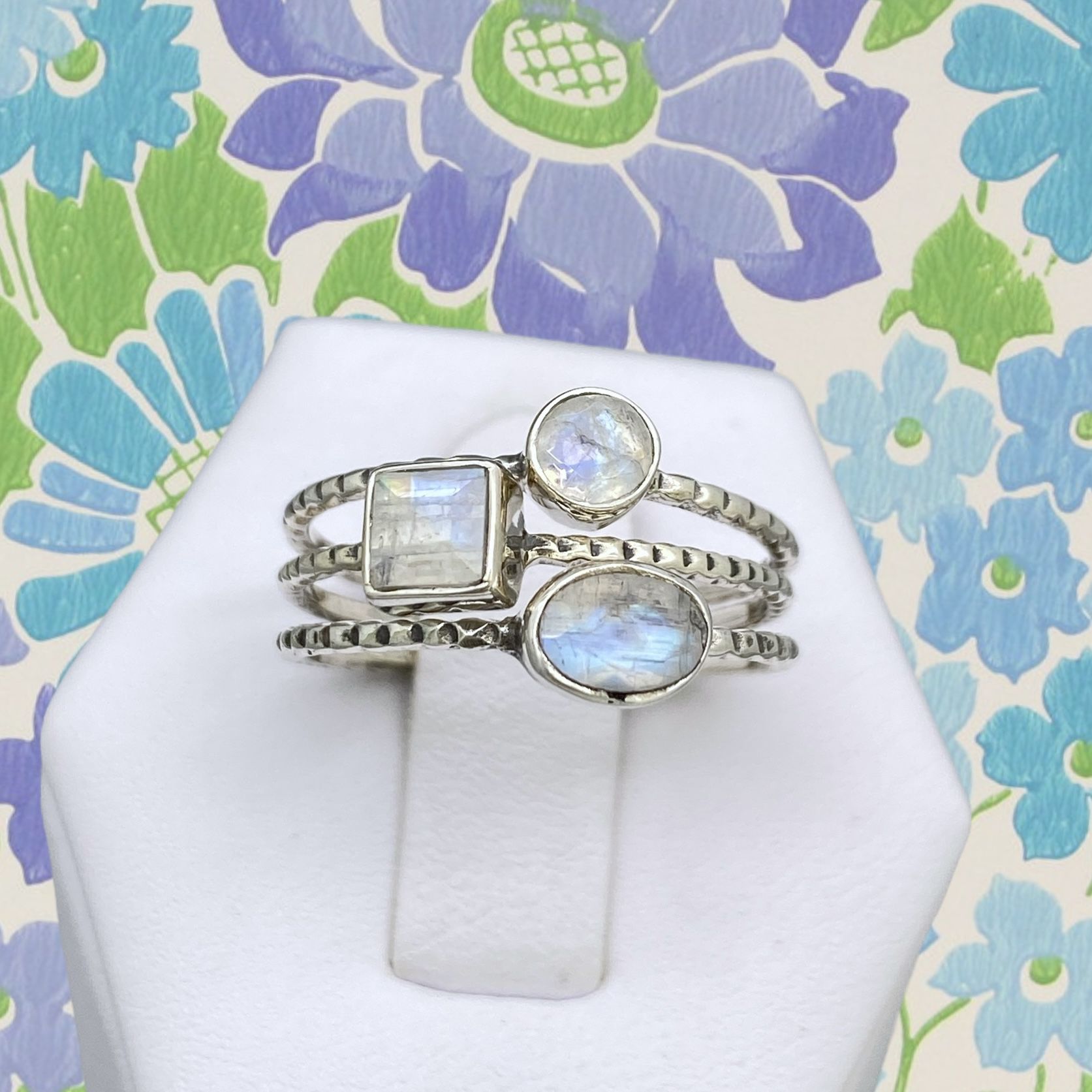 Rainbow Moonstone & Solid Sterling Silver Stacker Ring Trio - Sz 8
