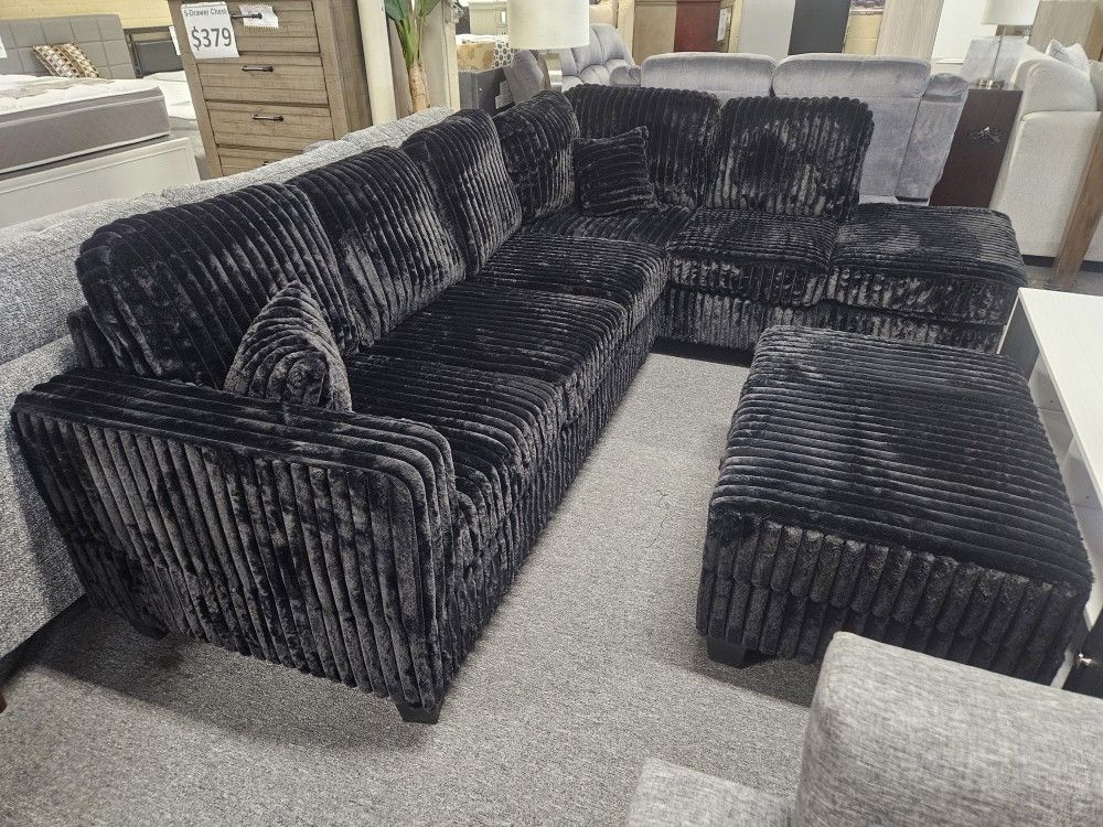 Brand New 108" x 82" Black Jumbo Corduroy Super Soft Resversible Sectional With Cup Holder + Storage Ottoman