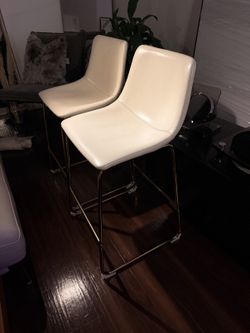 Pair of Cream Bar Stools — Gold Legs, Faux Leather