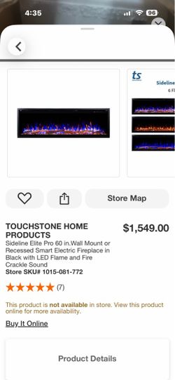 TOUCHSTONE HOME PRODUCTS Sideline Elite Pro 60 in.Wall Mount or Recessed Smart Electric Fireplace in Black with LED Flame and Fire Crackle Sound