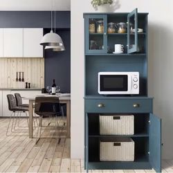 Teal Blue Wood 31.5 in. W Kitchen Pantry Cabinet Storage Hutch w/ Adjustable Shelves, Buffet Cupboard, Microwave Stand