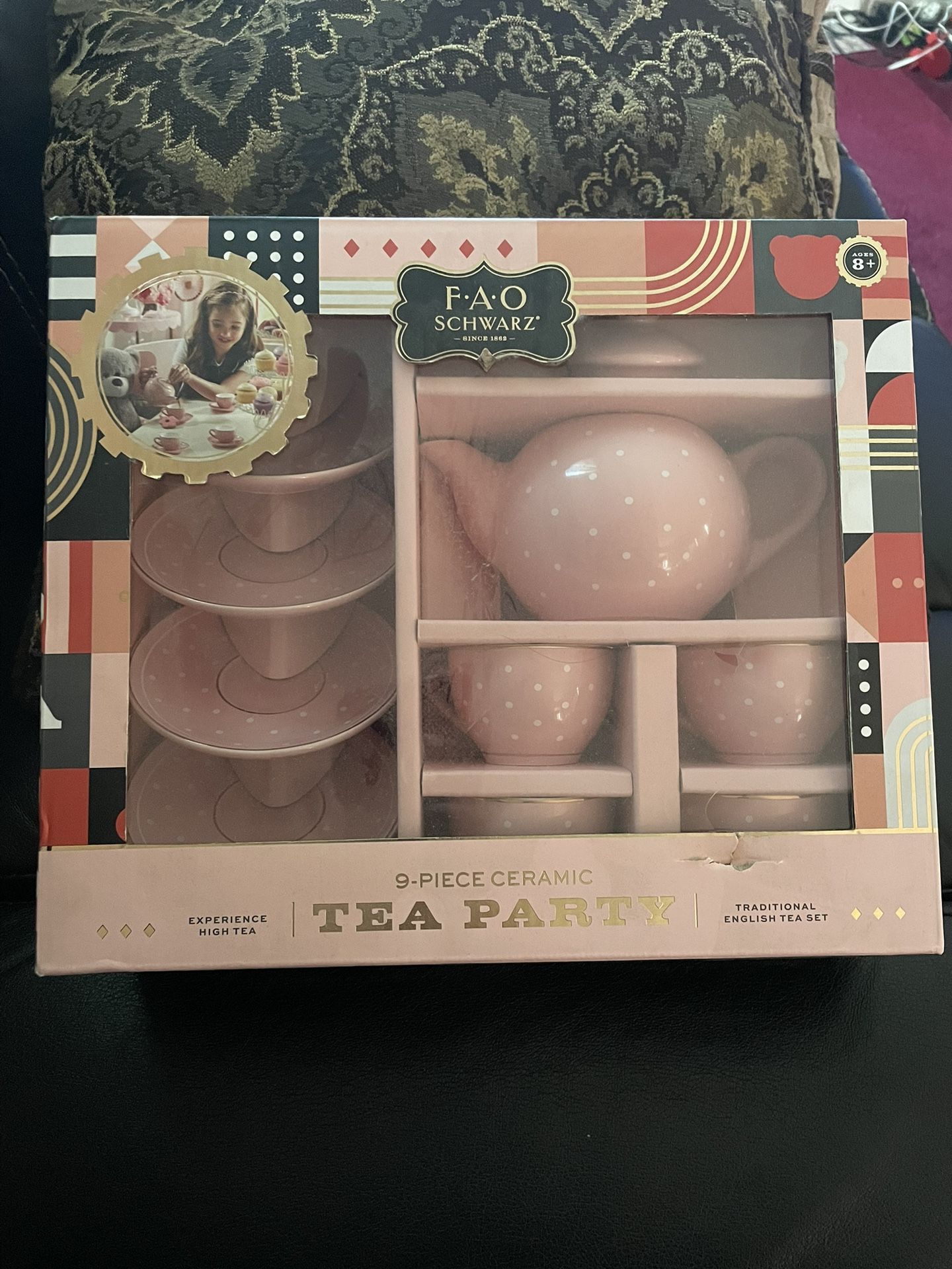 FAO Schwarz Ceramic Tea Party Set for Kids, Pink Polka Dot, 9 Pieces BRAND NEW!