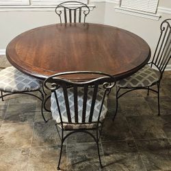 High End Heavy Wood & Wrought Iron Dining Table & 4 Matching Iron/Upholstered Chairs
