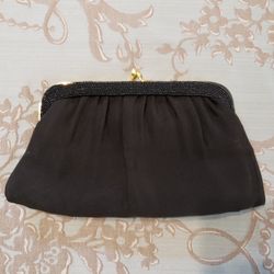 Vintage Garay Black Clutch Purse With Gold Hardware And Black Beaded Trim