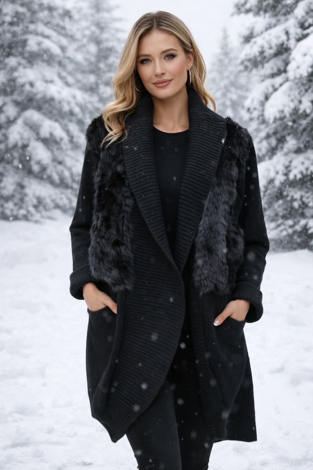 Black Cocoon-Style Knit Cardigan 30% wool with Rabbit Fur Trim