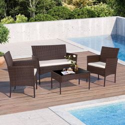 4 Piece Outdoor Patio Furniture Set, Wicker Rattan Patio Conversation Set, Outdoor Chairs and Loveseat with Coffee Table for Porch, Yard & Poolside (B