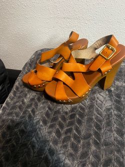 Mossimo Sandal Brown Faux Leather Studded Buckle Chunky Heels