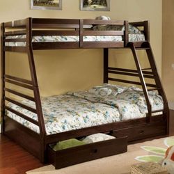 Brand New Espresso Twin Over Full Bunk Bed w Trundle Drawers 