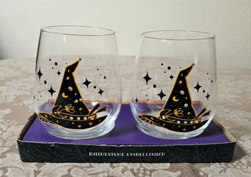 Halloween Stemless Wine Glasses with Witch Hats