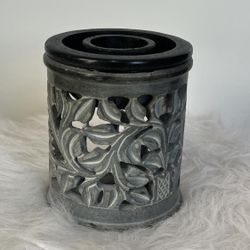 Grey Heavy Stone Tea Light Candle Holder Oil Burner with Decorative Leaves